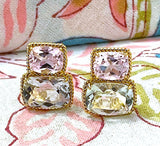 18kt Yellow Gold Medium Cushion Cut Earring with Rope Twist Border with Iolite and Blue Topaz