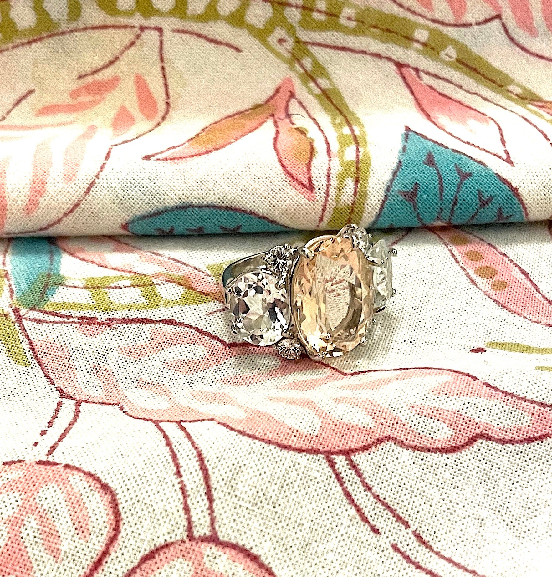 Morganite Iolite Gold Three Stone Cushion Ring