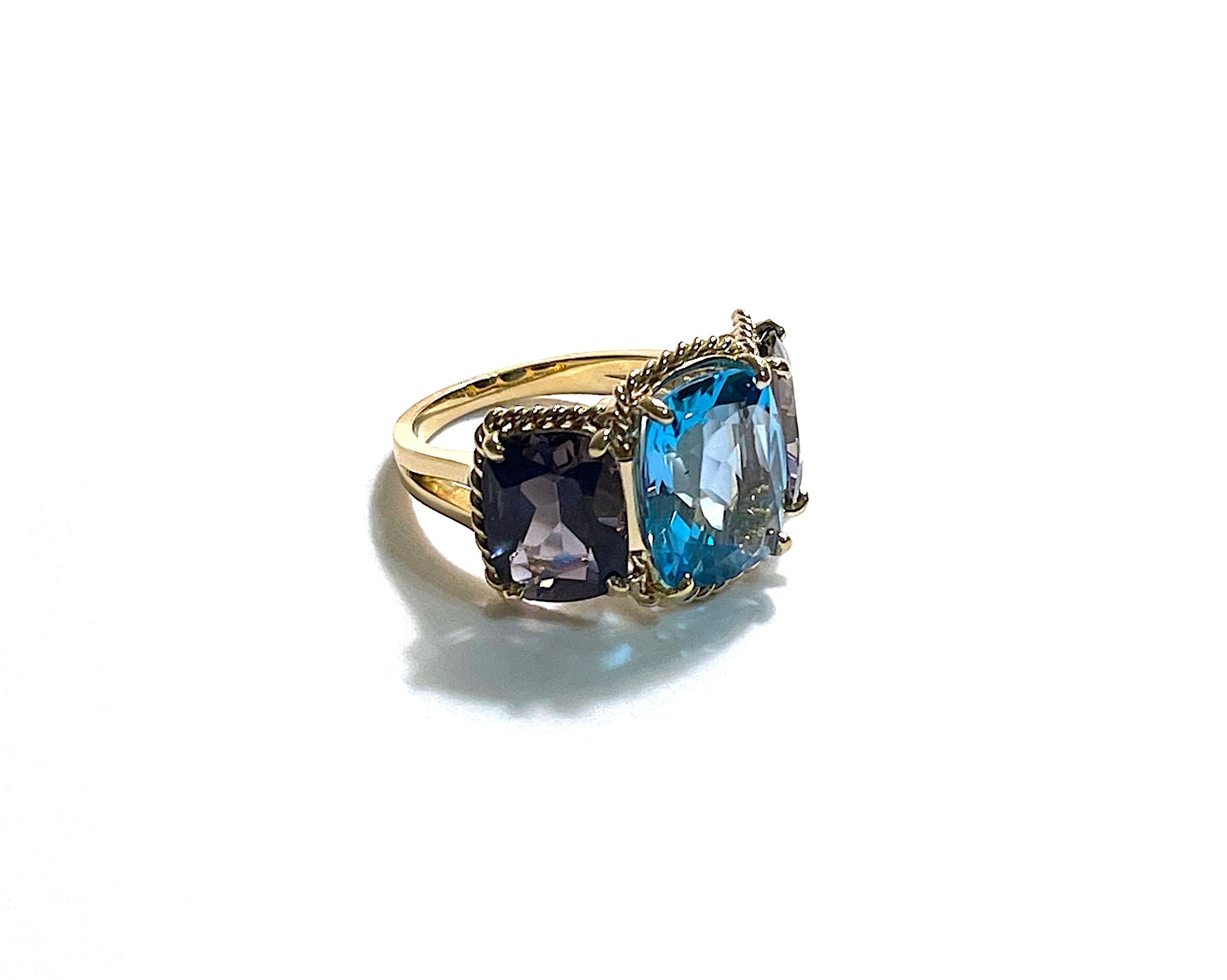 18kt Yellow Gold Three Stone Ring with Pink Topaz and Blue Topaz and Rope Twist Border