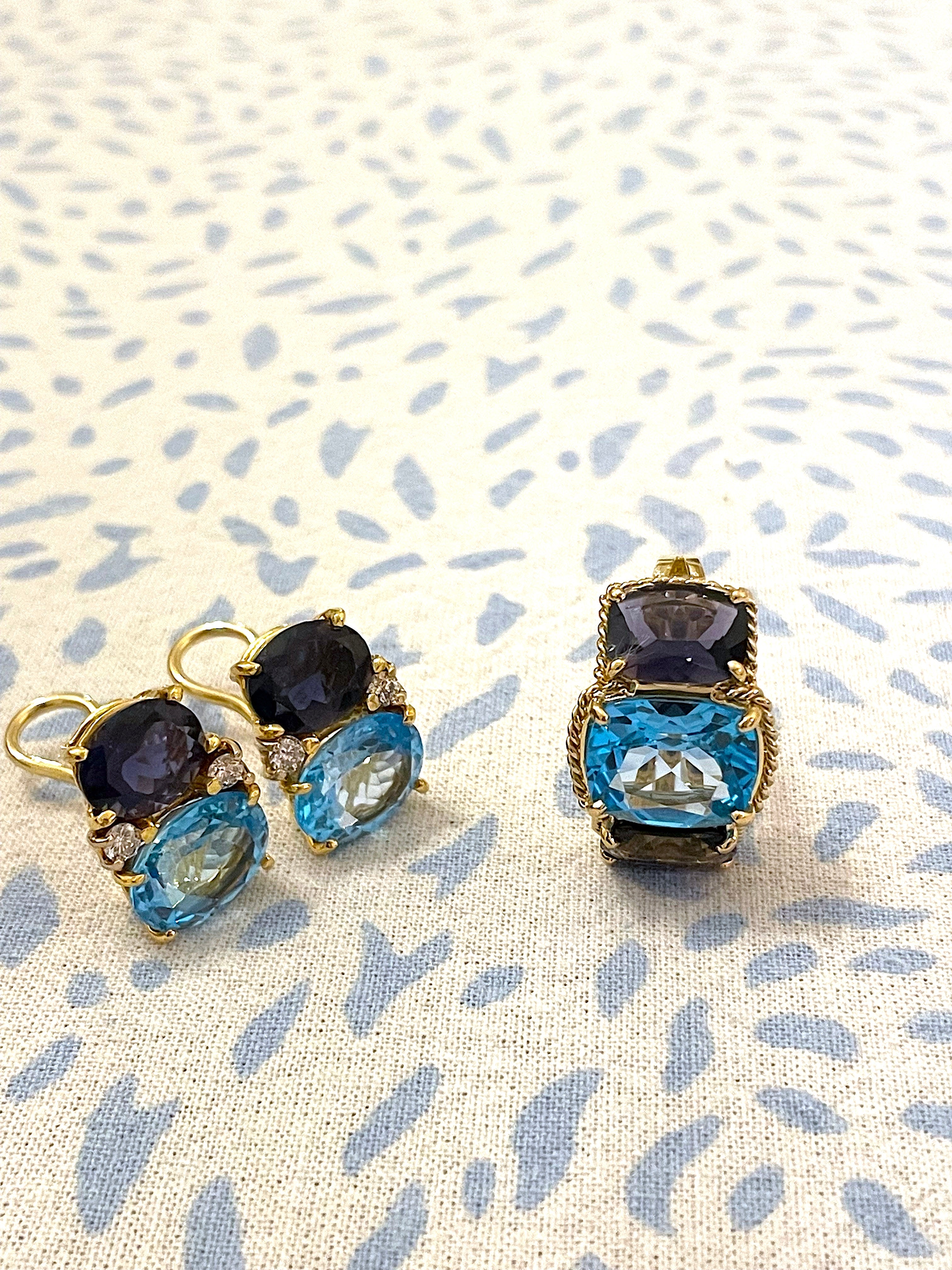 Blue Topaz and Iolite Three Stone Cushion Cut Ring