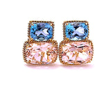 18kt Yellow Gold Medium Cushion Cut Earring with Rope Twist Border with Iolite and Blue Topaz