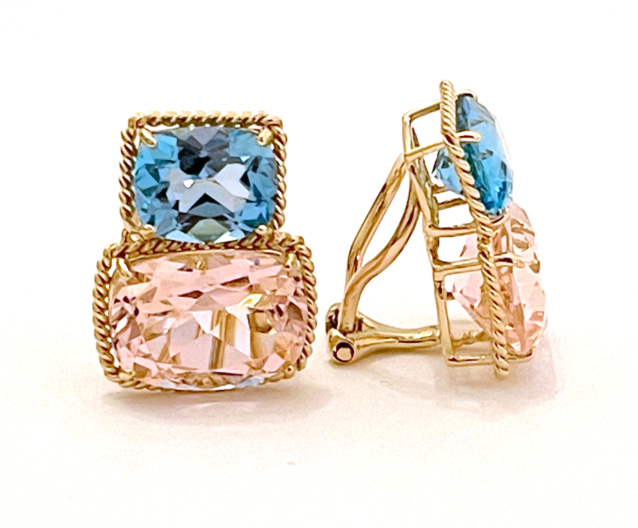 18kt Yellow Gold Medium Cushion Cut Earring with Rope Twist Border with Blue Topaz and Pink Topaz