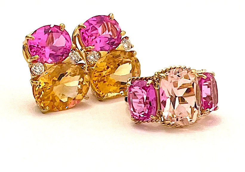 Elegant Three-Stone Ring with Gold Rope Twist Border with Blue Topaz and Pink Topaz