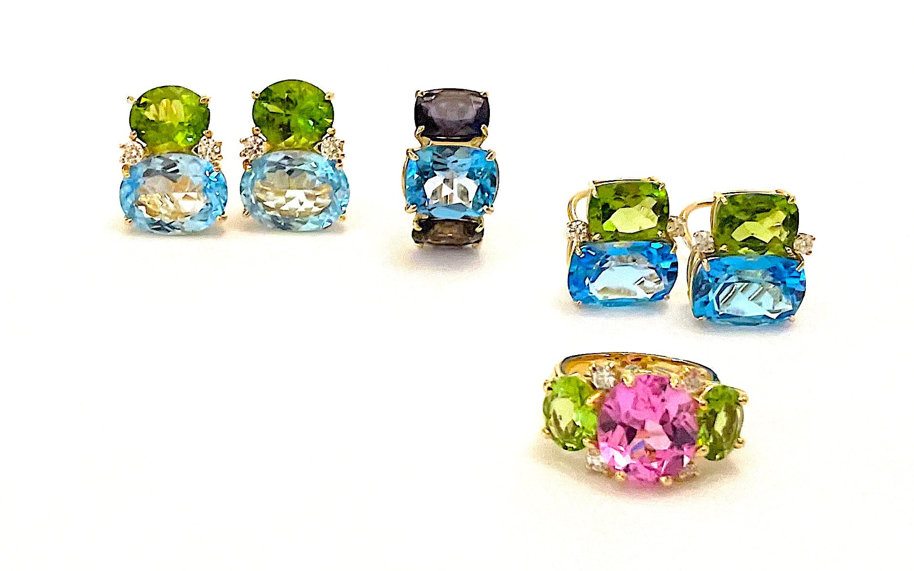 Blue Topaz and Iolite Three Stone Cushion Cut Ring