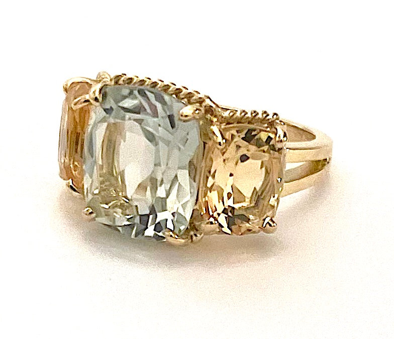 Mini Blue Topaz and Peridot Three Stone Ring with Rope Twist Border