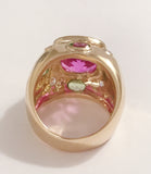 Bonheur Ring, Pink Topaz and Peridot and Diamond Yellow Gold Domed Ring