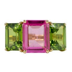 18kt Yellow Gold Emerald Cut Ring with Peridot and Pink Topaz