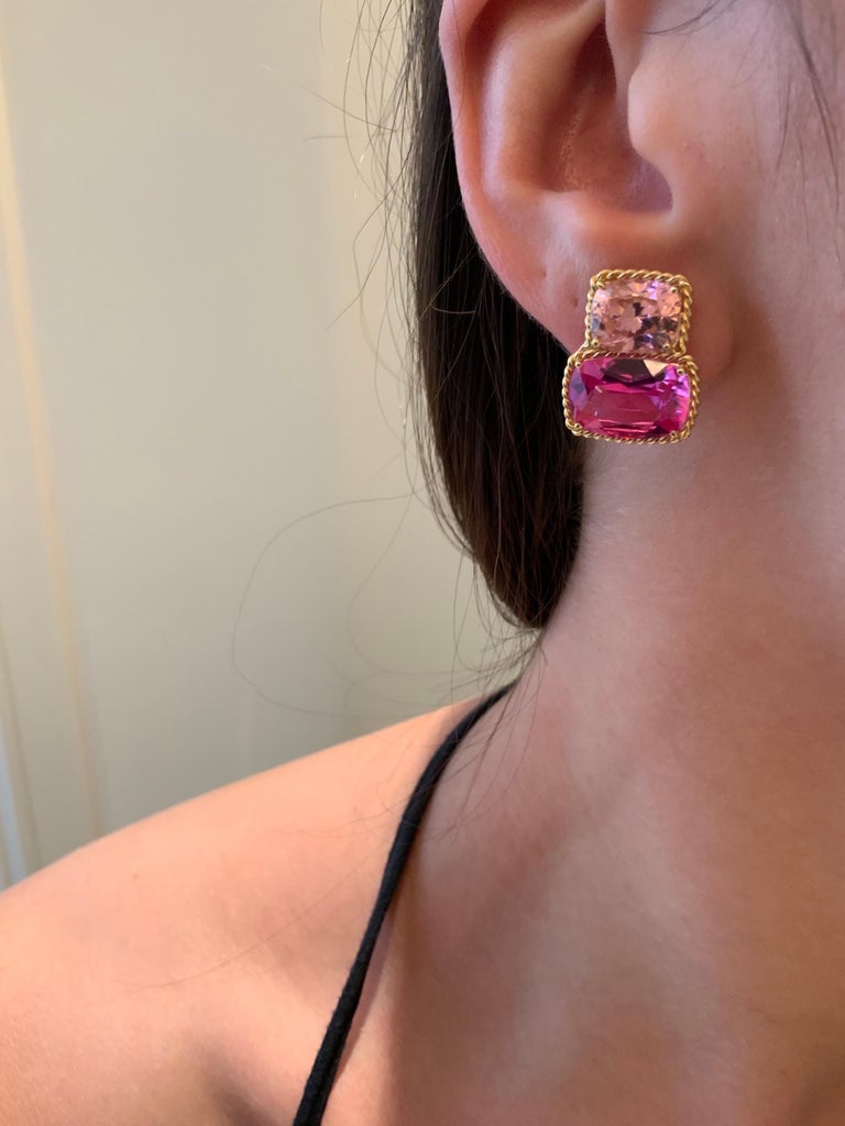 18kt Yellow Gold Cushion Rope Twist Border Earring with Citrine and Smoky Topaz