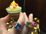 18kt Yellow Gold Mini Emerald Cut Ring with Pink Topaz and Blue Topaz