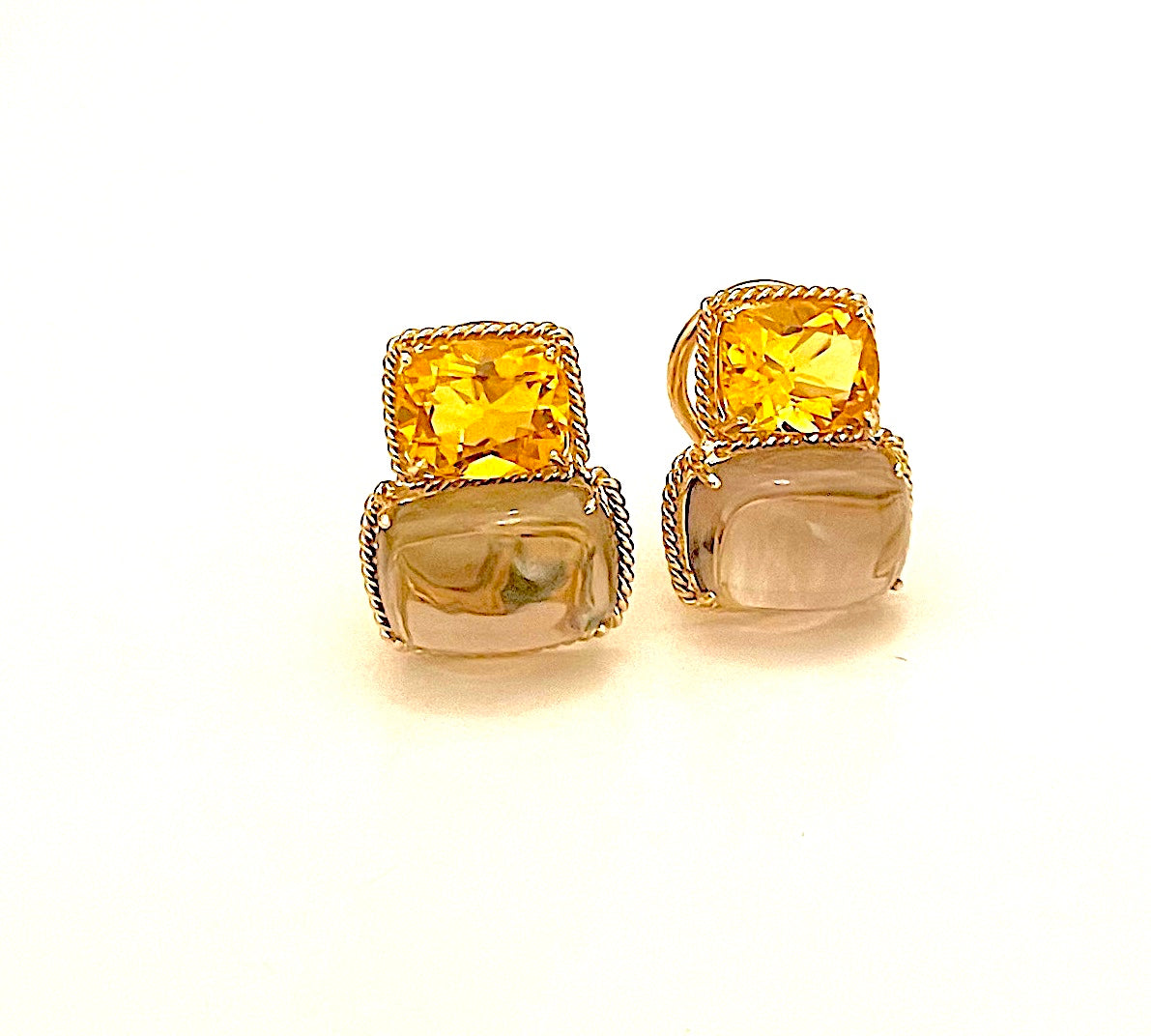 18kt Yellow Gold Cushion Rope Twist Border Earring with Citrine and Smoky Topaz