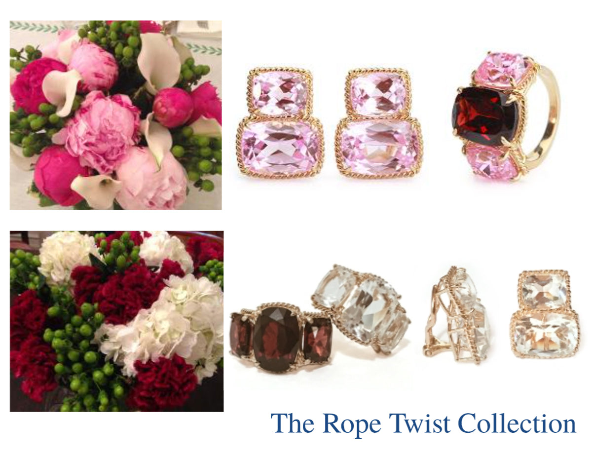 18kt Yellow Gold Medium Double Cushion Cut Earring with Rope Twist Border with Kunzite and Green Amethyst