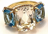 Blue Topaz Three Stone Ring with Twisted Rope Twist Border