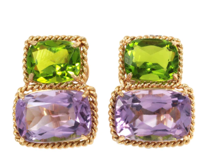 18kt Yellow Gold Medium Cushion Cut Earring with Rope Twist Border with Blue Topaz and Pink Topaz