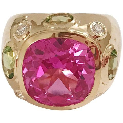 Bonheur Ring, Pink Topaz and Peridot and Diamond Yellow Gold Domed Ring