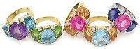 Elegant Three-Stone Ring with Gold Rope Twist Border with Blue Topaz and Pink Topaz