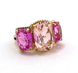 18kt Yellow Gold Three Stone Ring with Pink Topaz and Blue Topaz and Rope Twist Border