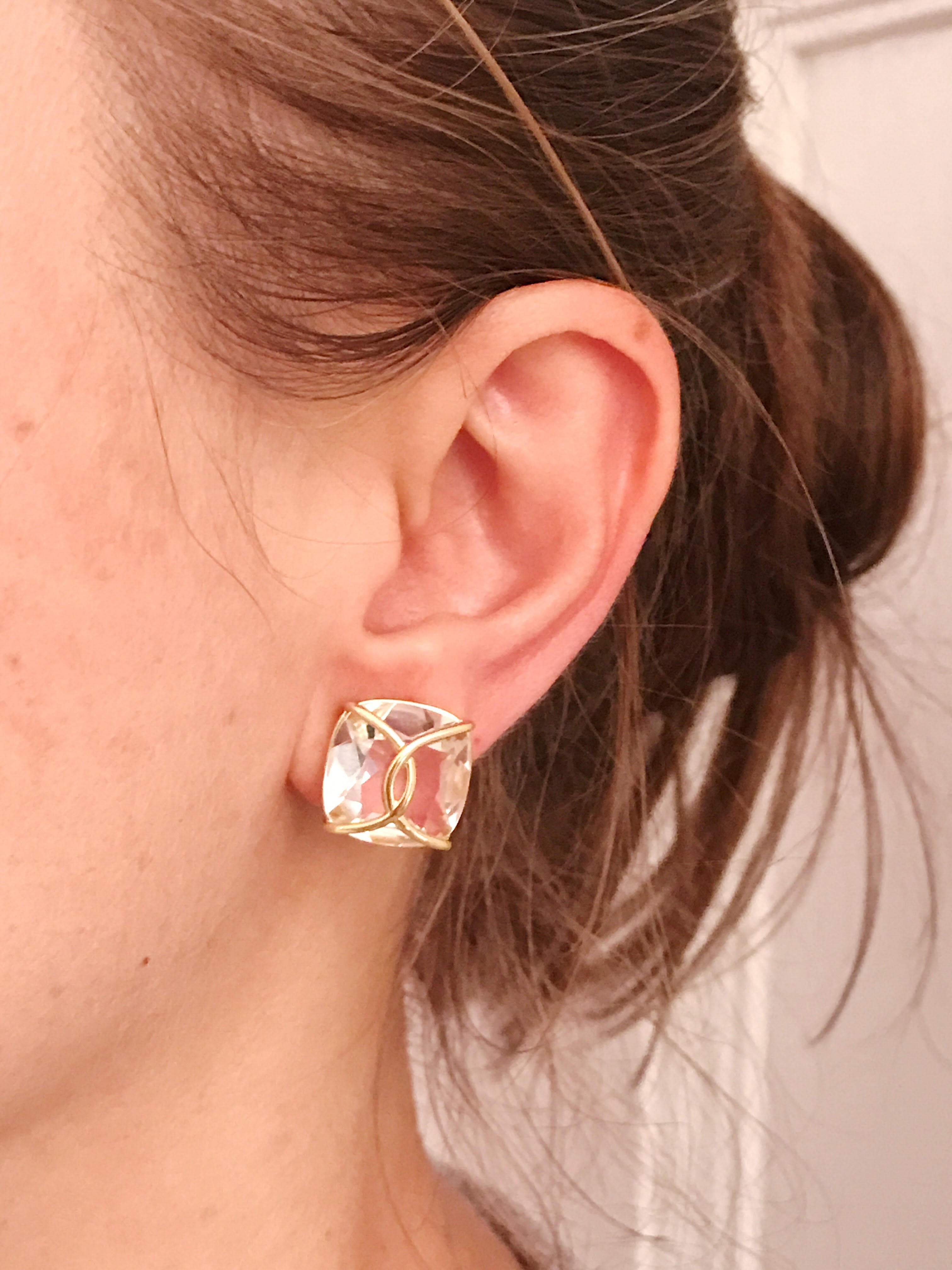 Rock Crystal Cushion Stud Earring with Yellow Gold Wire Wrap