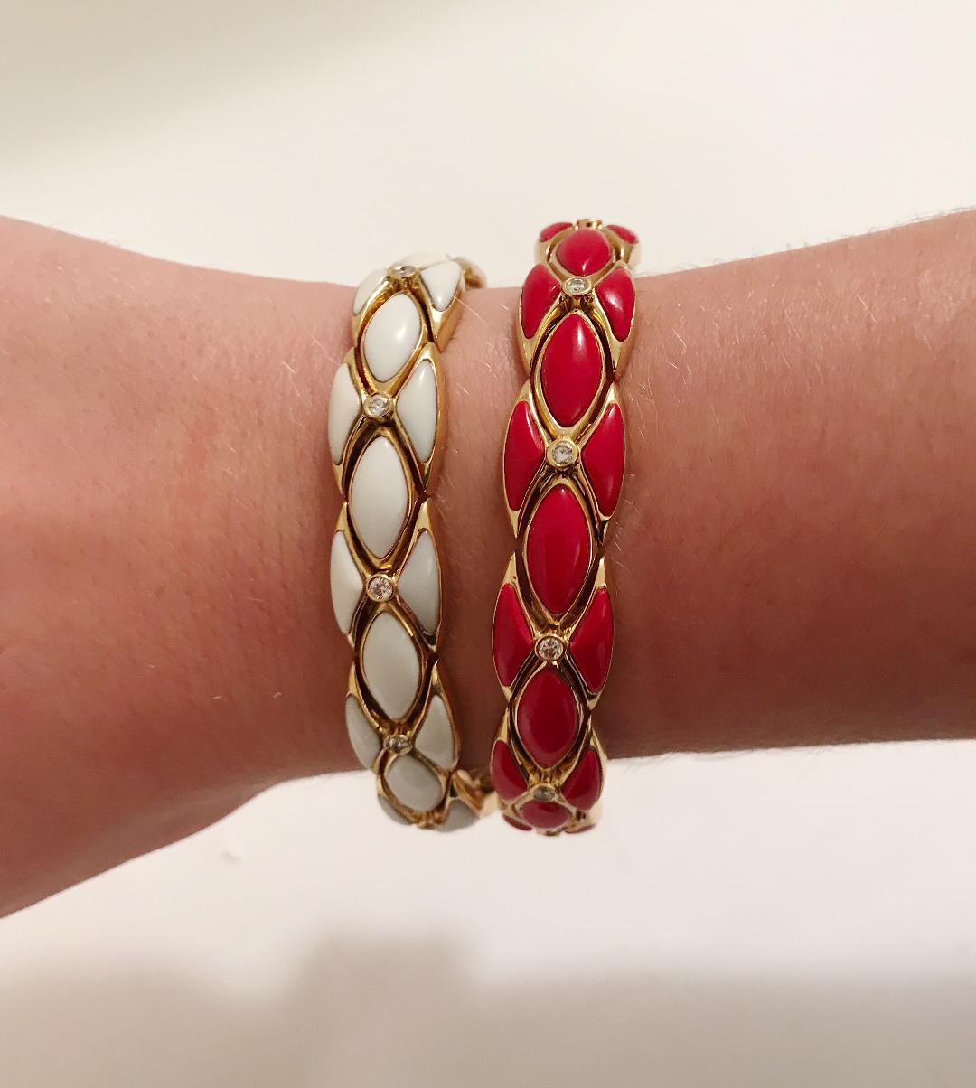 Yellow Gold Cuff Bracelet with White Enamel and Diamonds