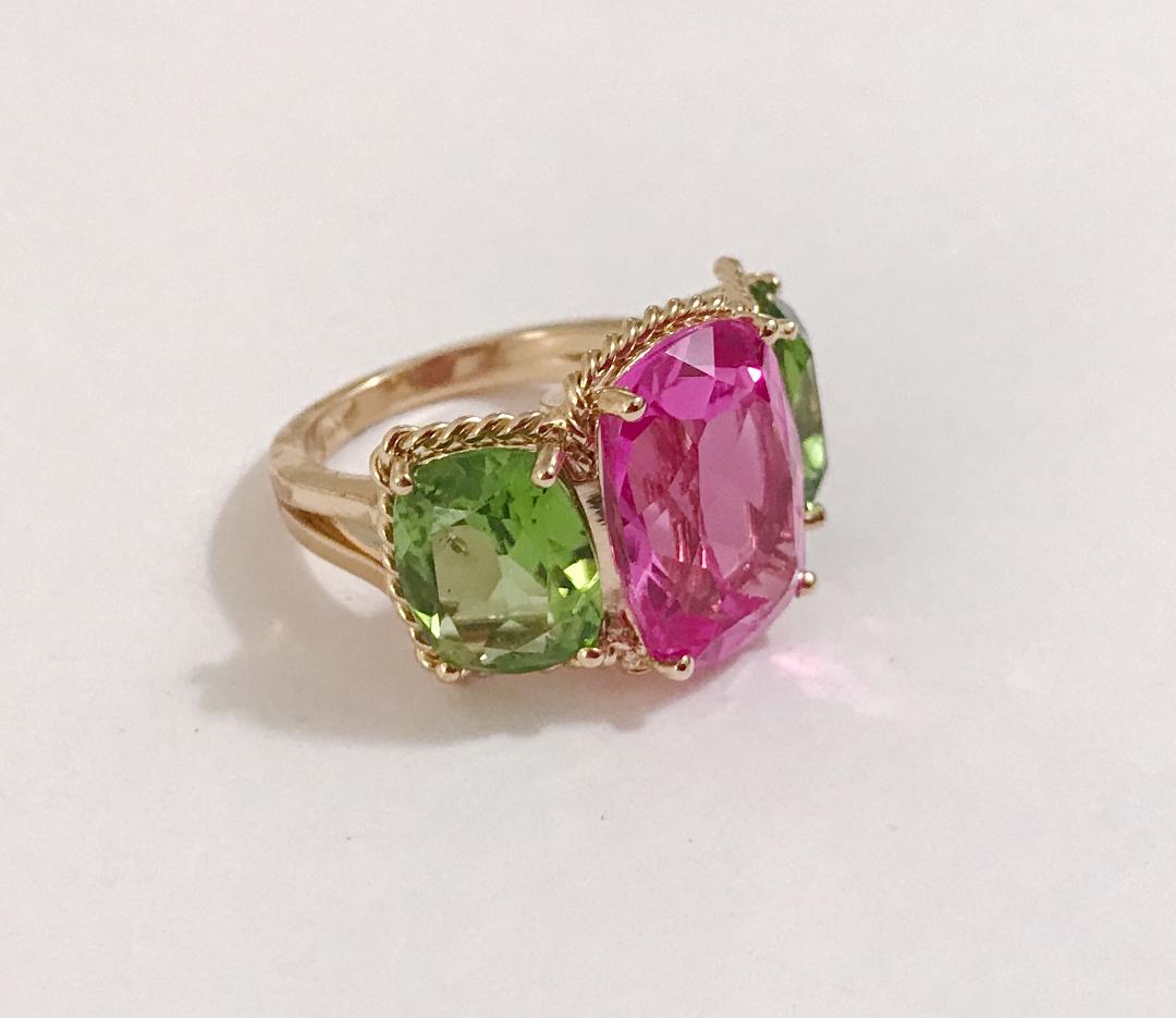 Elegant Three-Stone Ring with Gold Rope Twist Border with Blue Topaz and Pink Topaz