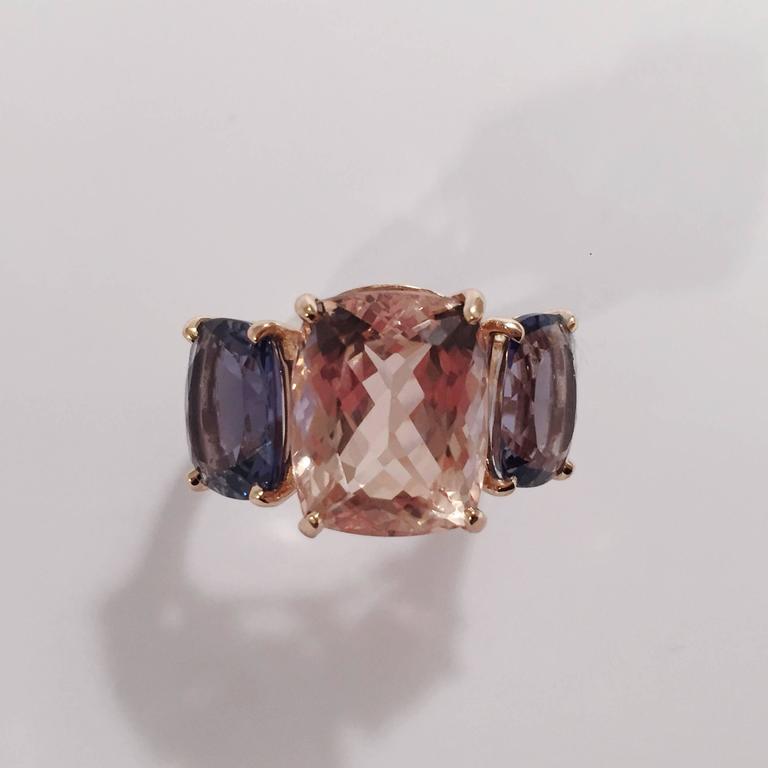 Morganite Iolite Gold Three Stone Cushion Ring
