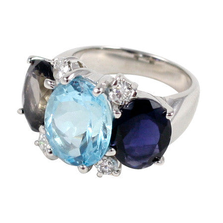 Medium 18kt White Gold Gum Drop Ring with Blue Topaz and Iolite